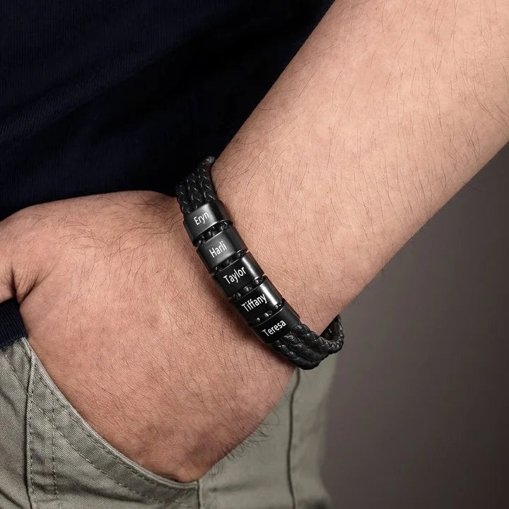 Personalized Braided Leather Bracelet Engraved Names Men's Bracelet Gifts For Him