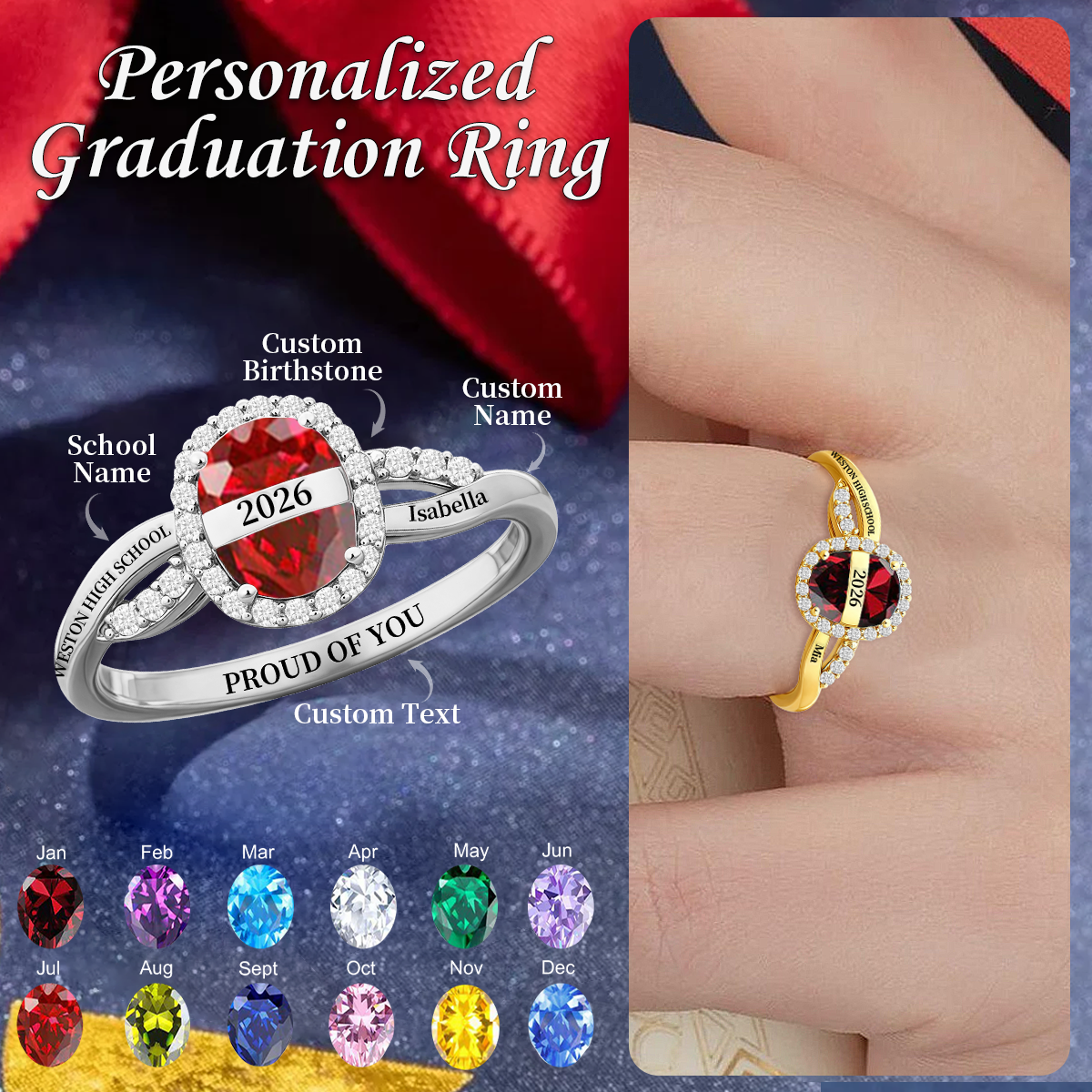 Personalized Graduation Birthstone Ring, Class of 2026