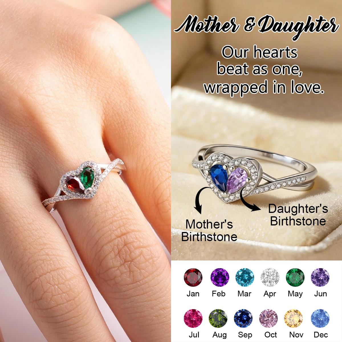 Personalized Mother Daughter Birthstone Heart Ring