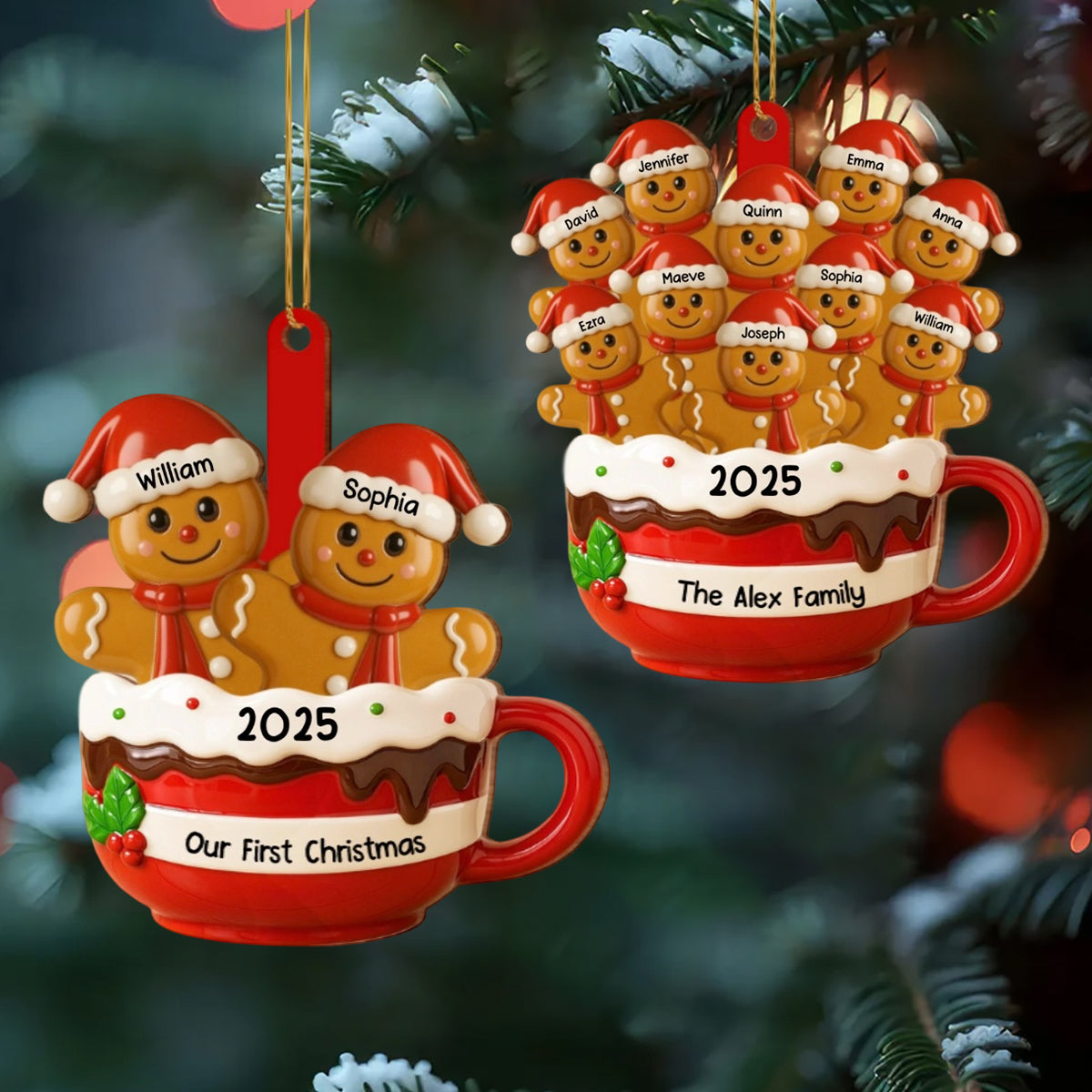Gingerbread Family In Hot Cocoa Mug - Custom Christmas Wood Ornament
