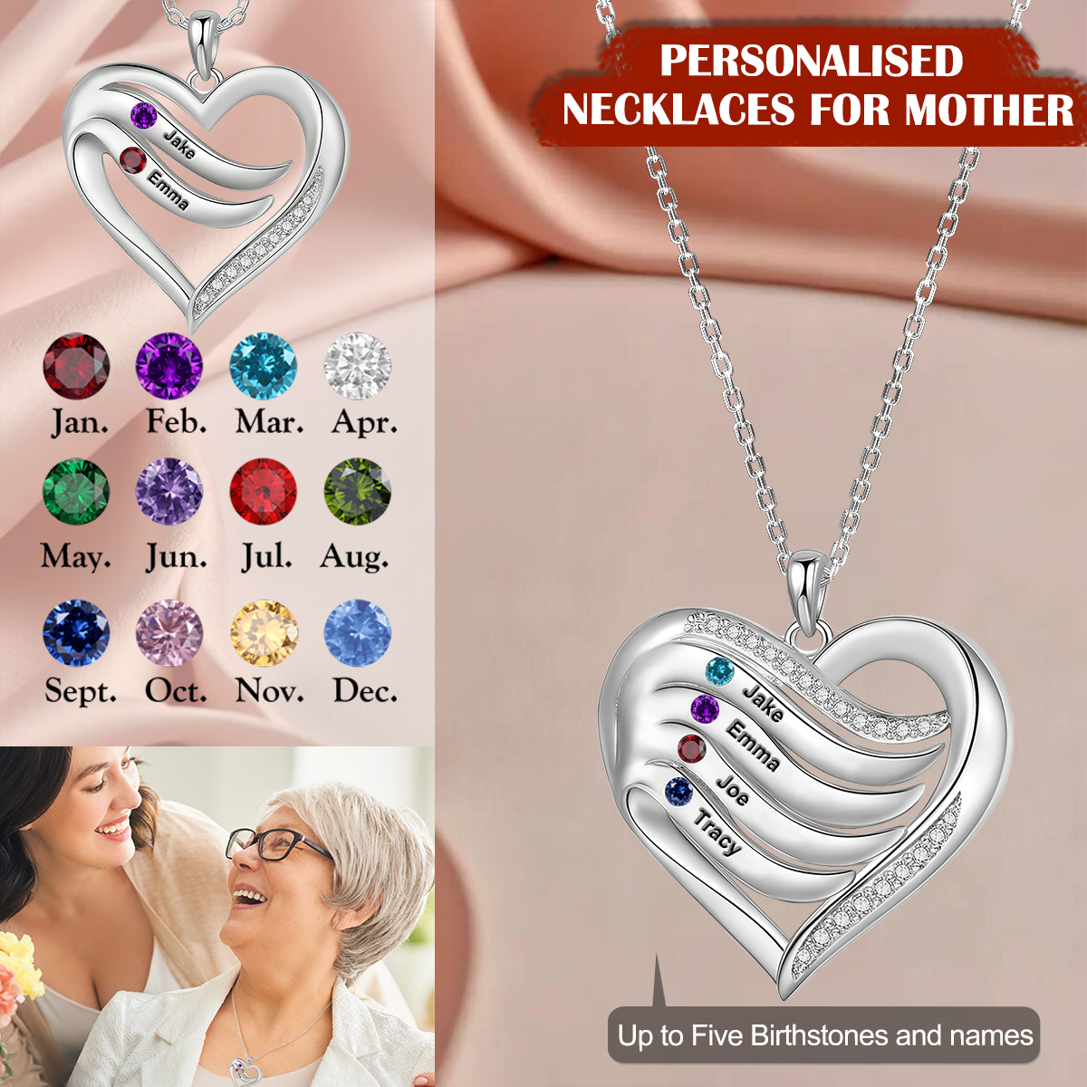 Personalized Birthstone Name Heart Necklace for Her Mom Wife
