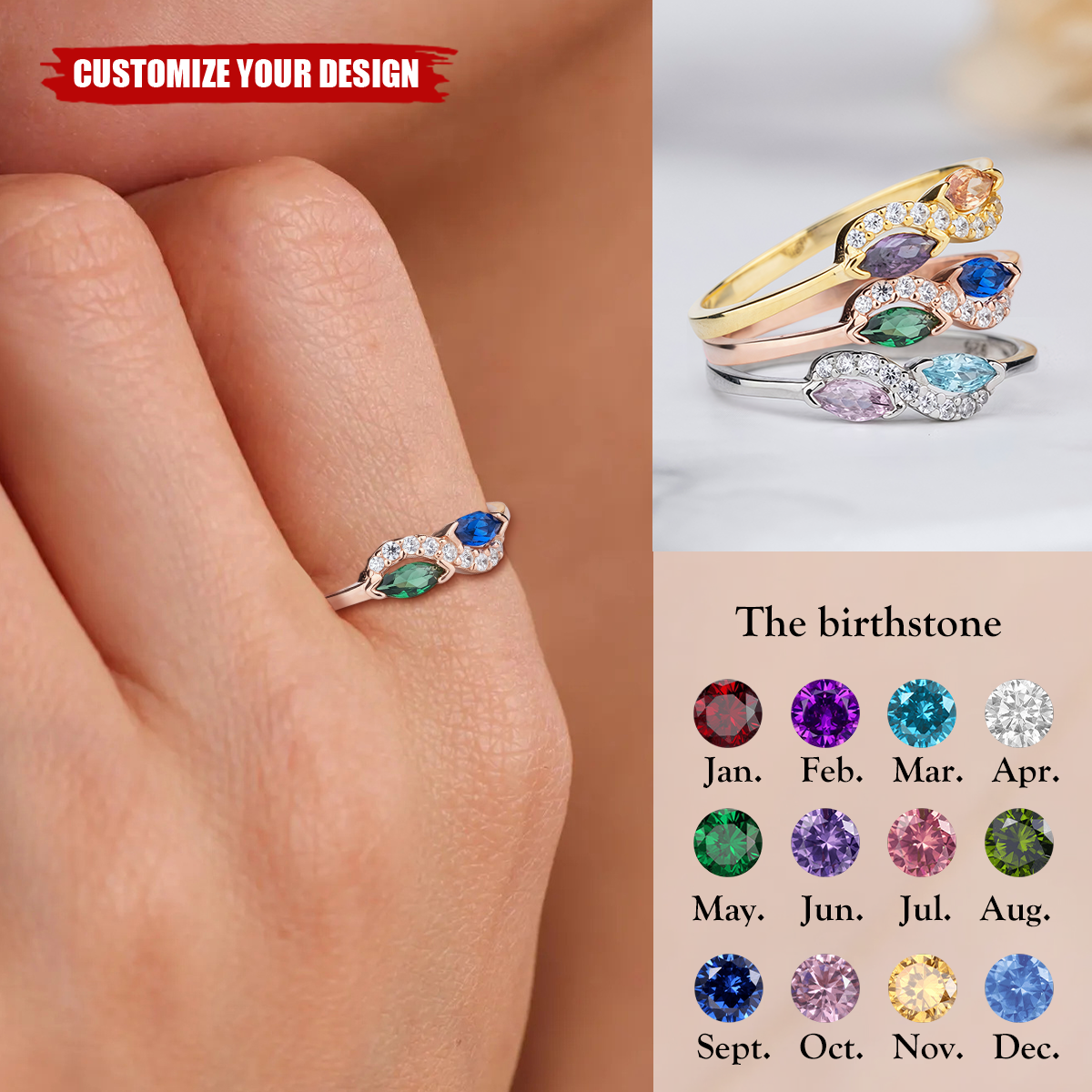 Infinity Ring, Personalized Double Marquise Birthstone Ring