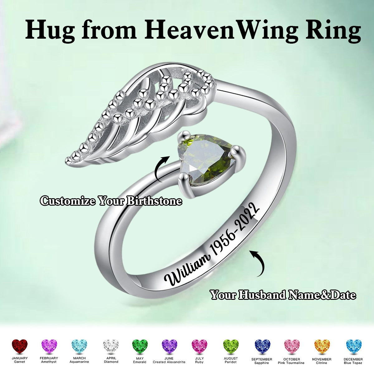 Personalized Hug from Heaven Wing Birthstone Ring - HAPPARY