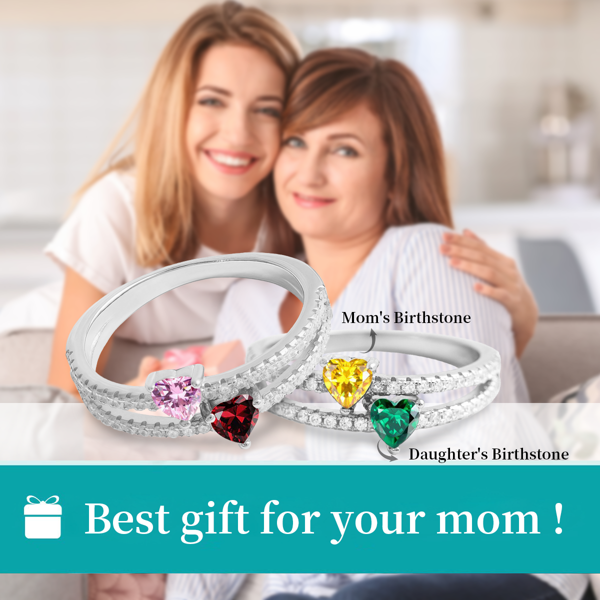 Personalized Two Heart-Shape Birthstone Double Band Ring