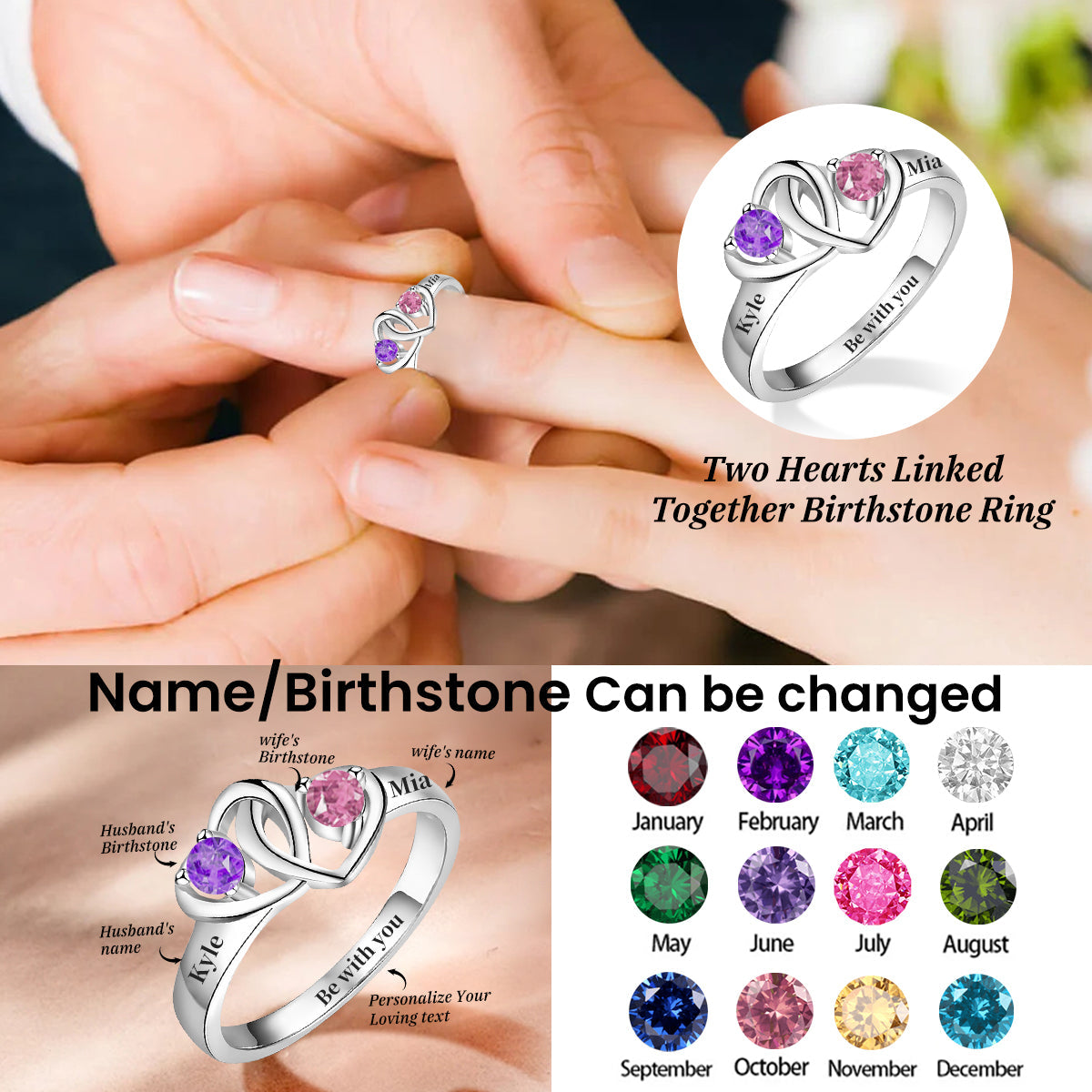 Personalized Two Hearts Birthstone Ring - Gift For Couple