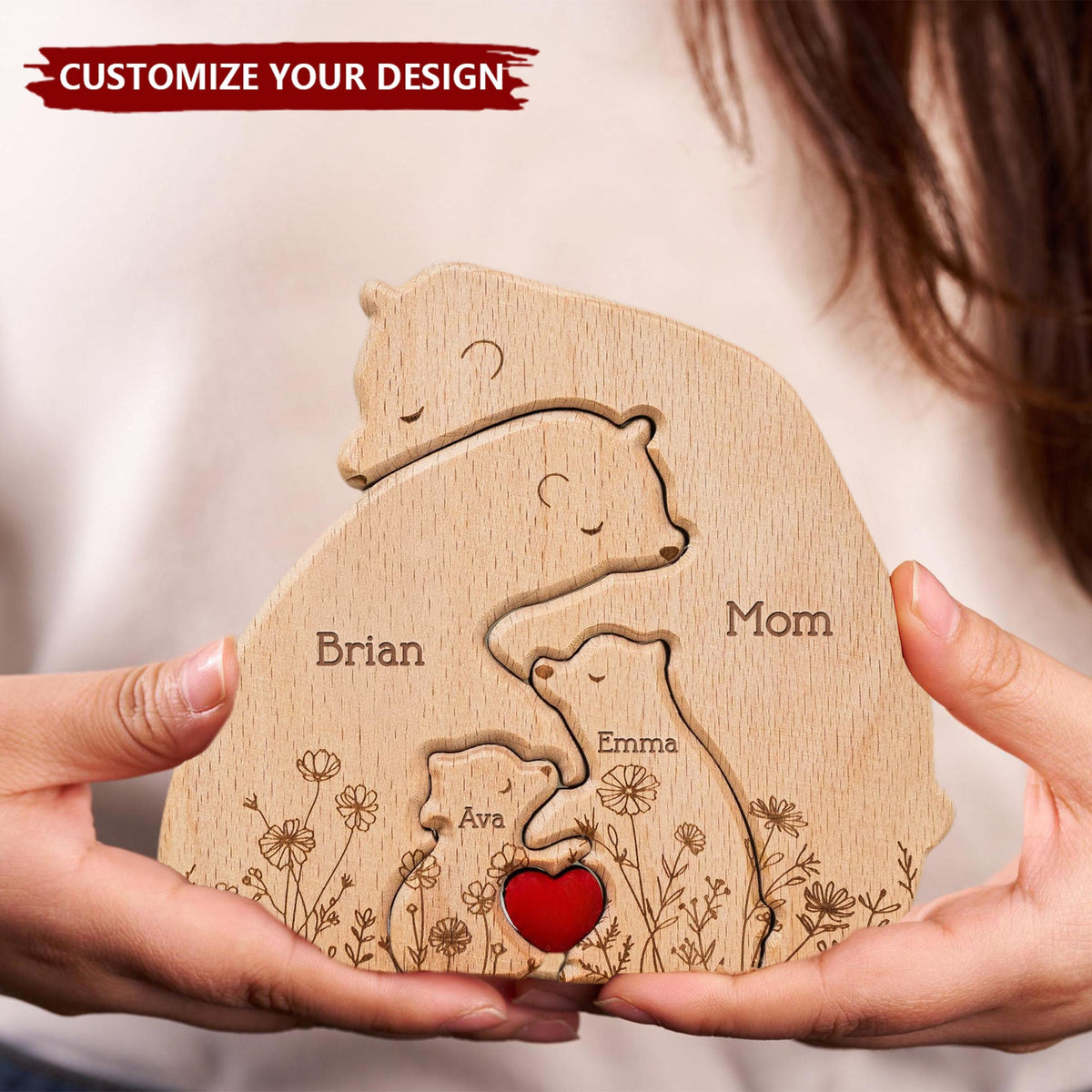 Hugging Bear Family Floral Version - Personalized Wooden Bear Family Puzzle