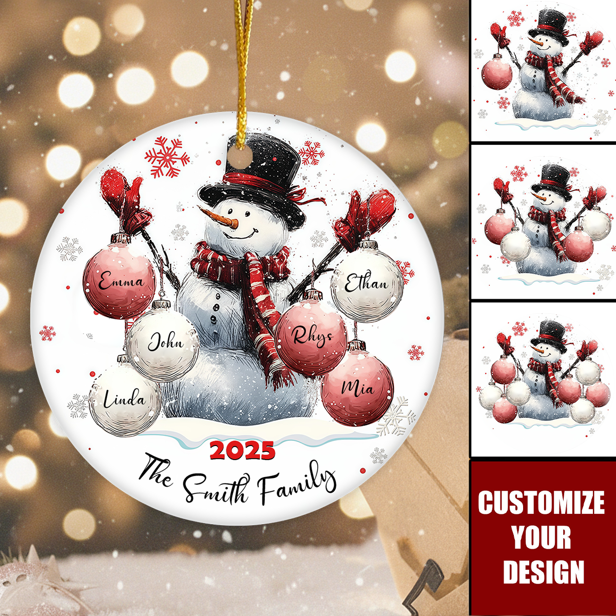 Personalized Custom Snowman Family Ceramic Ornament