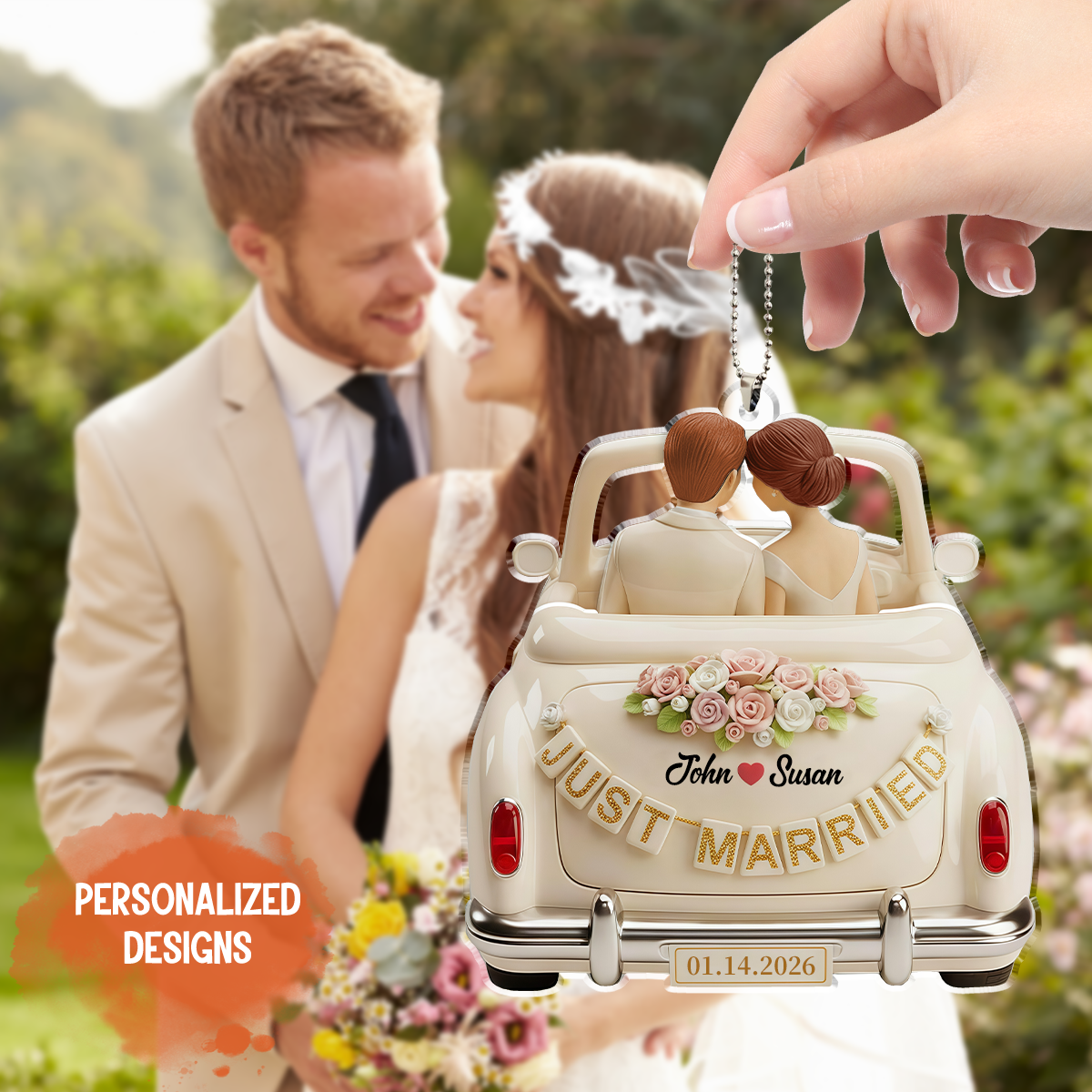 Personalized Just Married Wedding Mr & Mrs Acrylic Car Hanger