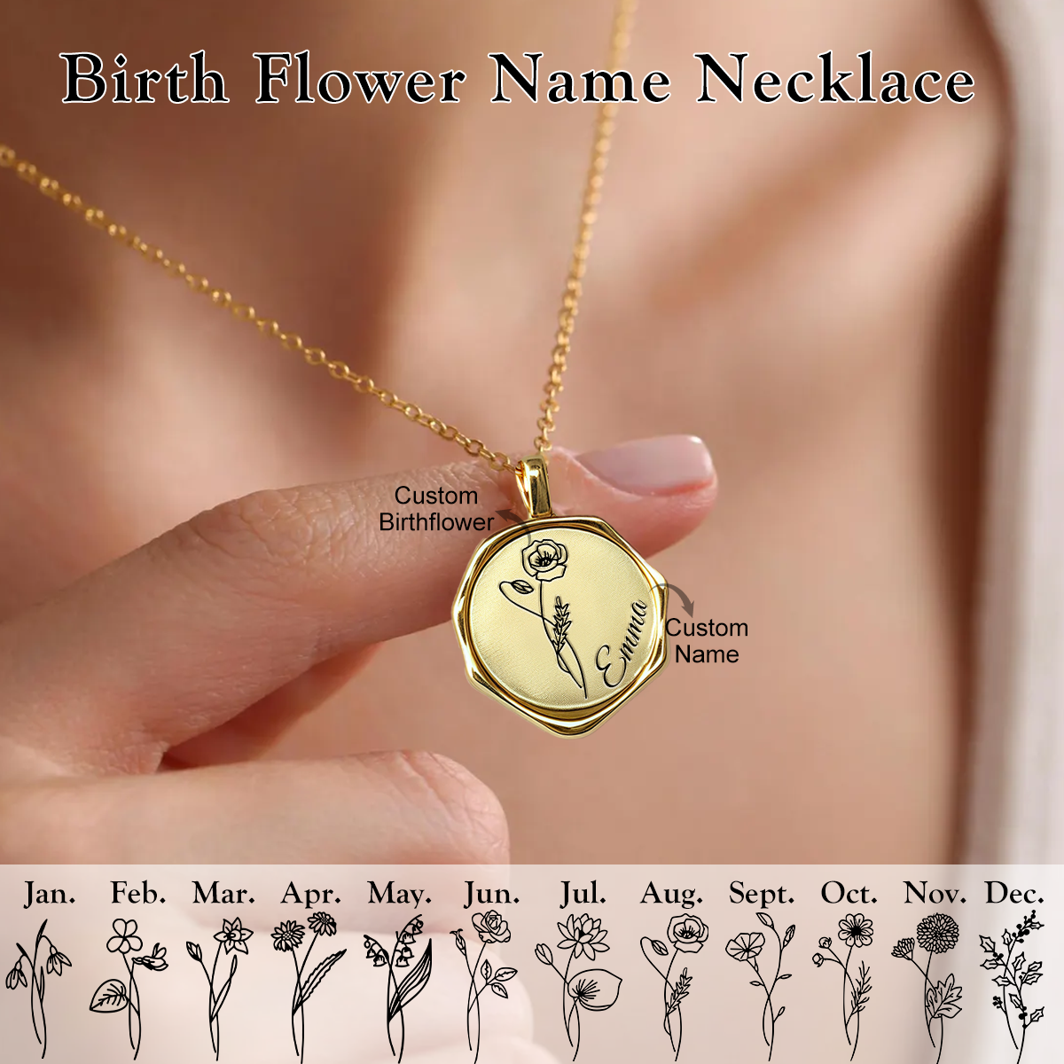 Personalized Birth Flower Name Necklace, Gifts for Her