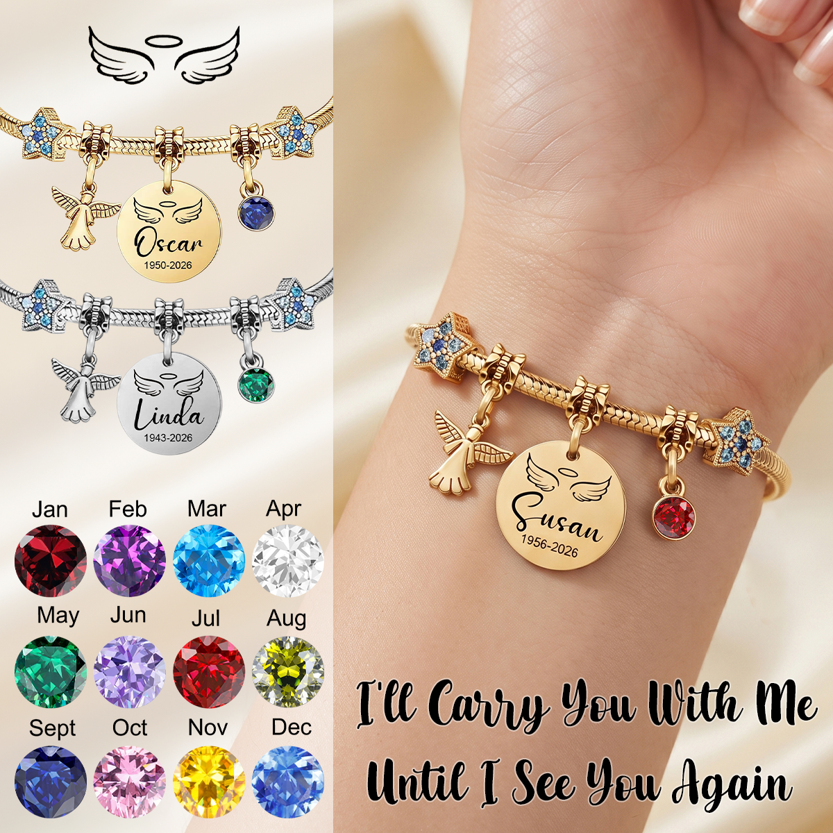 Always In My Heart, Personalized Star Angel Memorial Bracelet