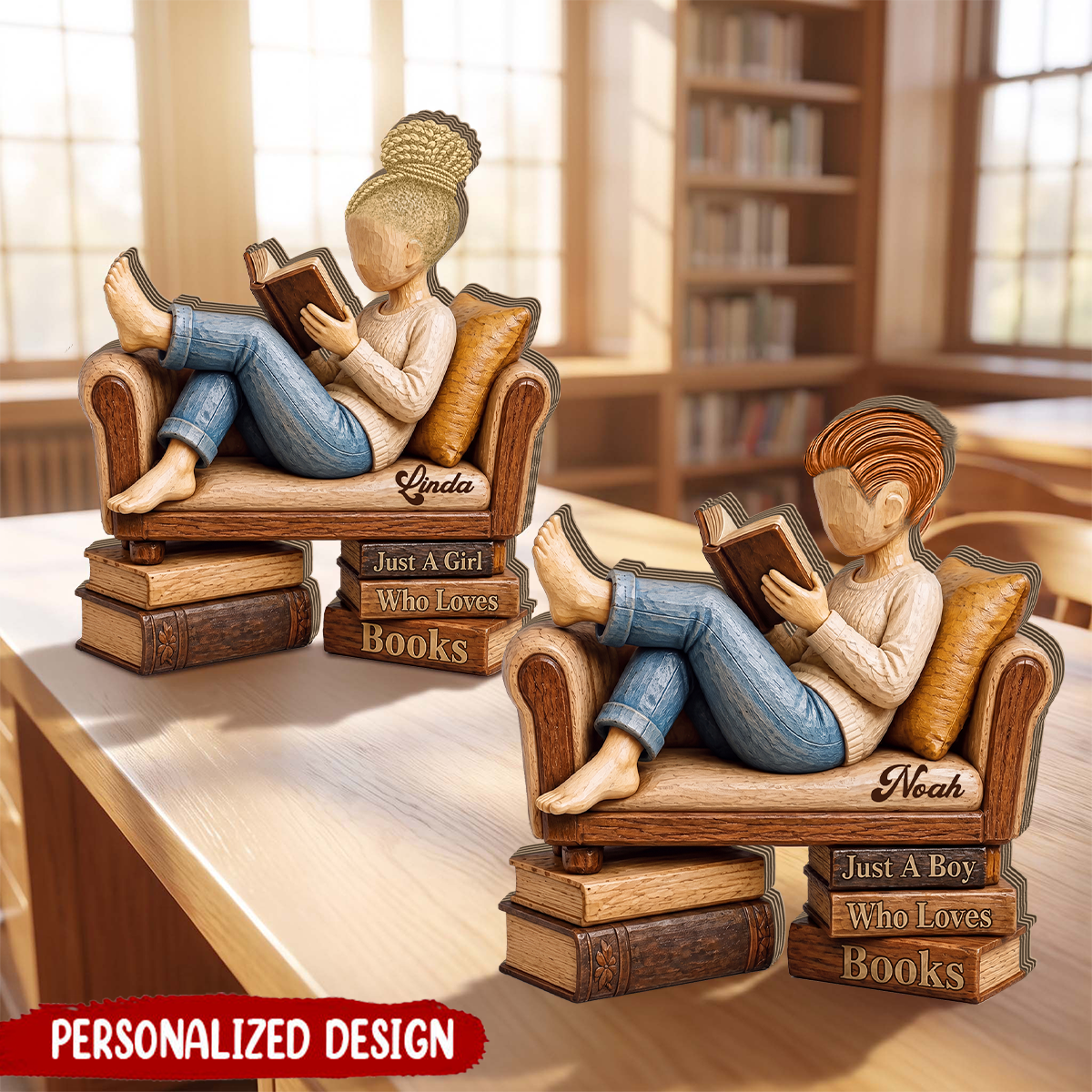 Personalized Wooden Book Lover Block, Just A Girl Boy Who Loves Books