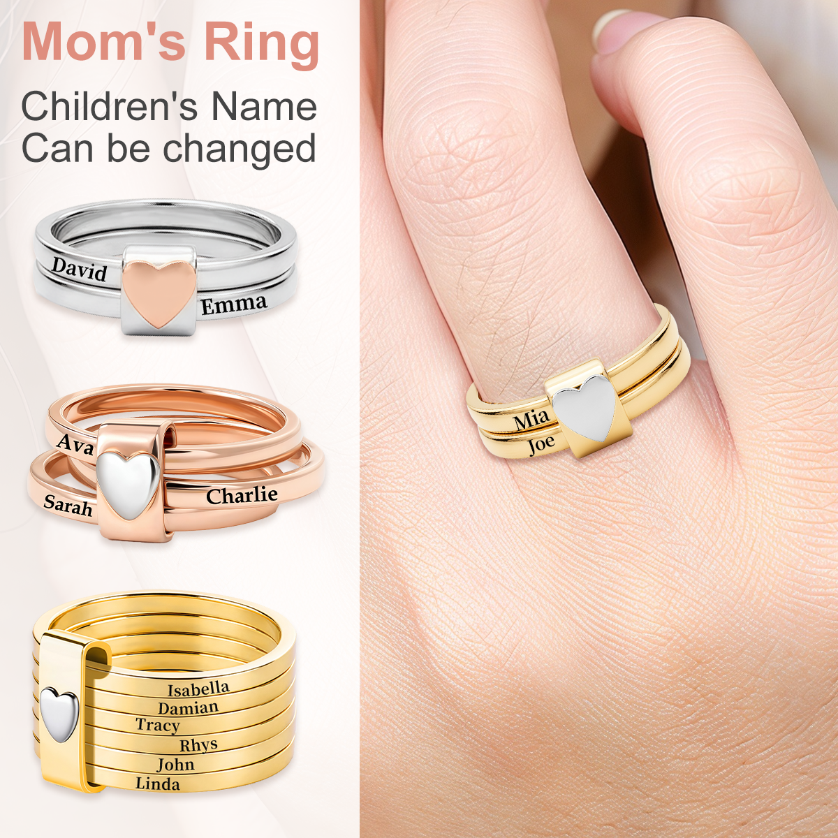 Personalized Name Stacking Rings - Engraved 2-7 Bands With Heart Accent