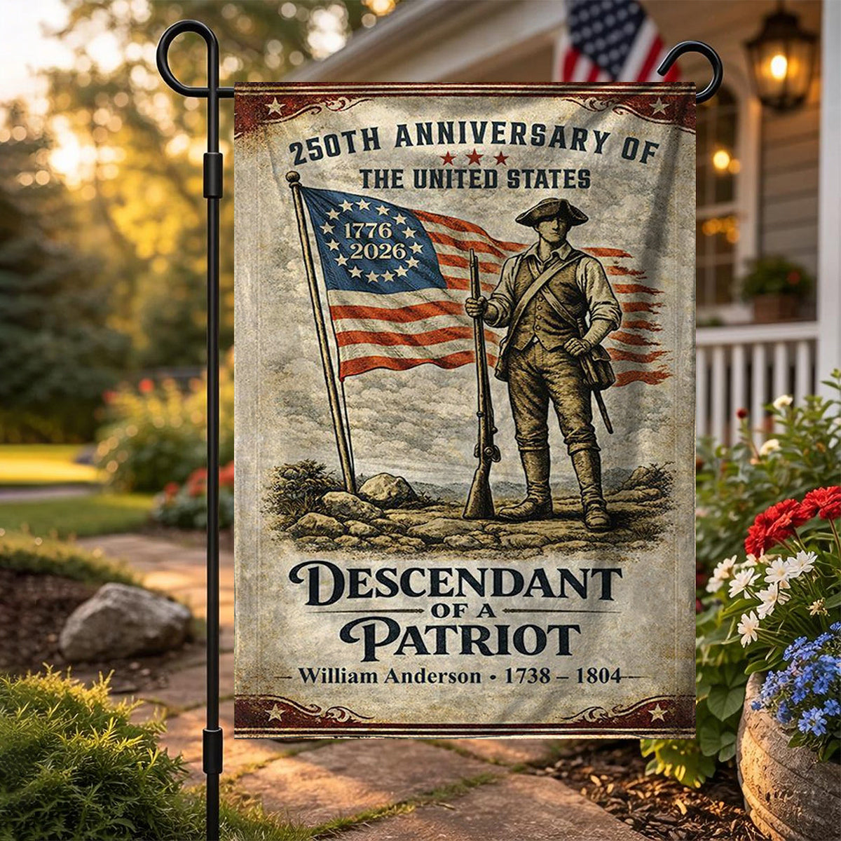 Personalized 250th Anniversary Descendant of a Patriot Garden Flag