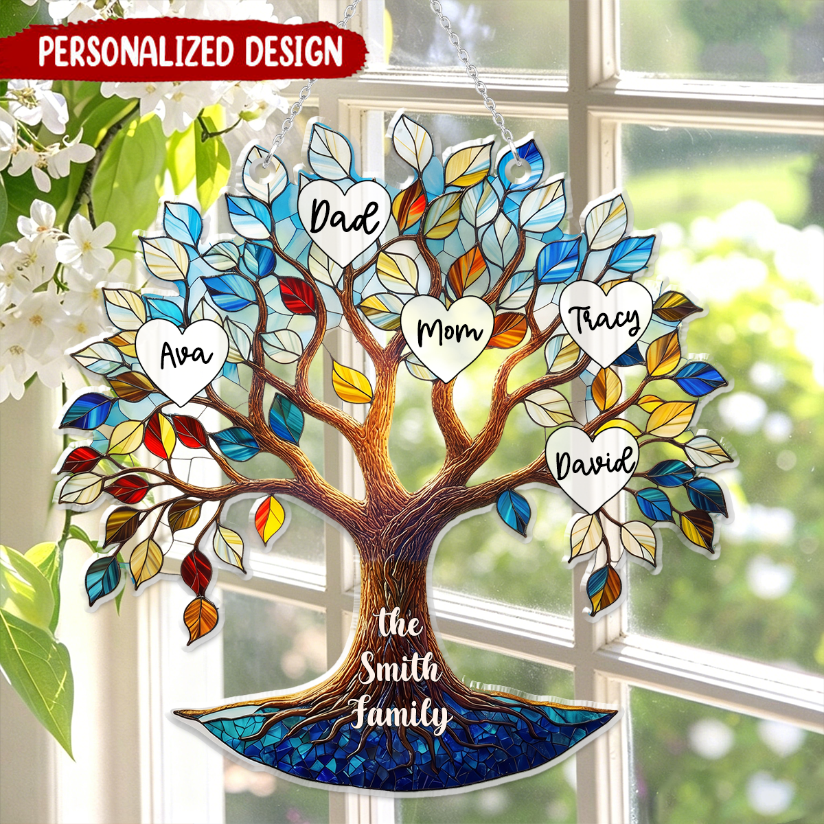 Personalized Family Tree Stained Glass Suncatcher – Custom Family Window Hanging Gift