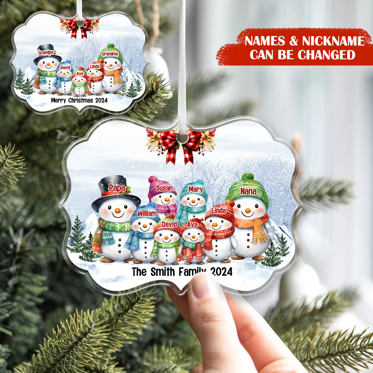 Personalized Snowman Family Name Acrylic Ornament - Gift For Families With Kids