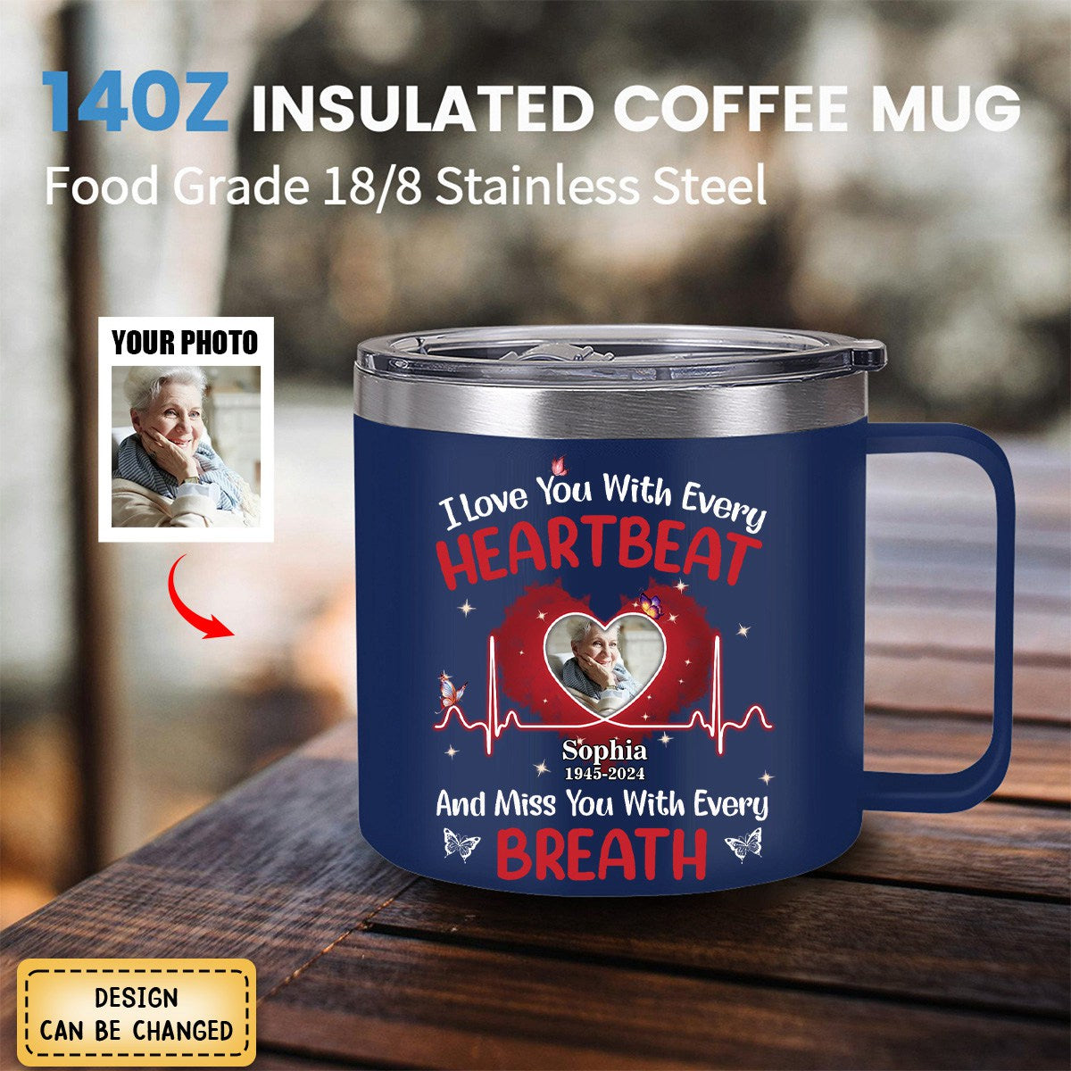 Memorial Upload Photo Personalized Custom 14oz Stainless Steel Tumbler With Handle