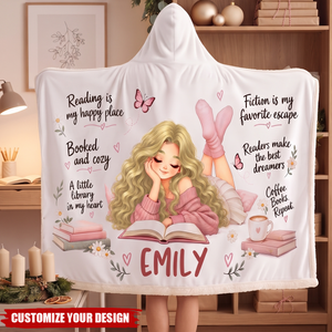 Custom Name Bookish Reader Gifts - Personalized Hooded Wearable Throw Blanket