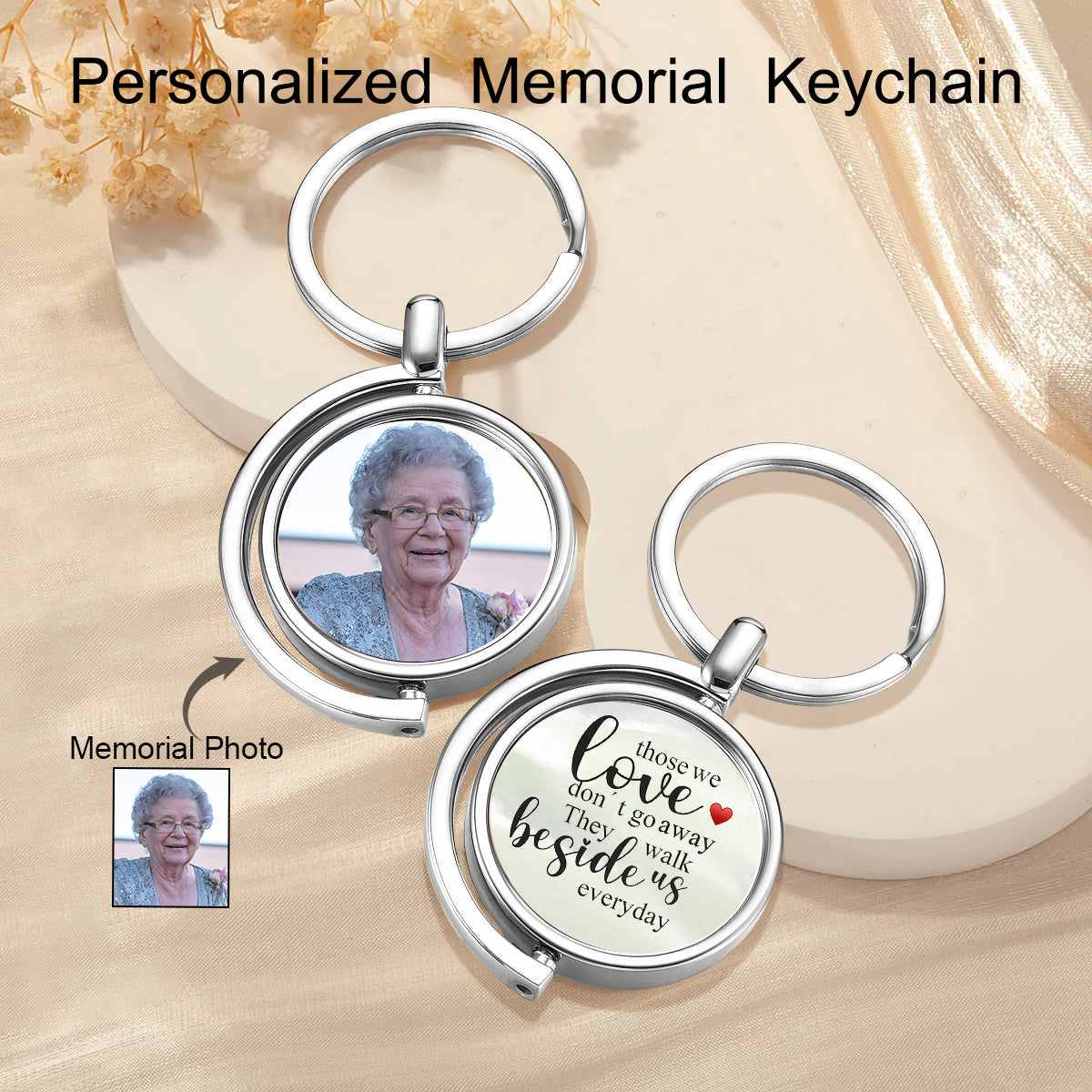 Personalized Double Sided Picture Keychain, Spinning Keyring Charm, Photo Memorial Keepsake