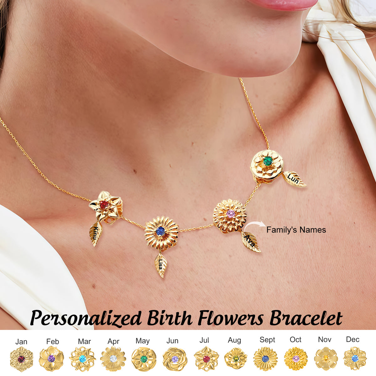Personalized Custom Kid's Name Spinning Birth Flower Necklace, Gift For Mom Grandma