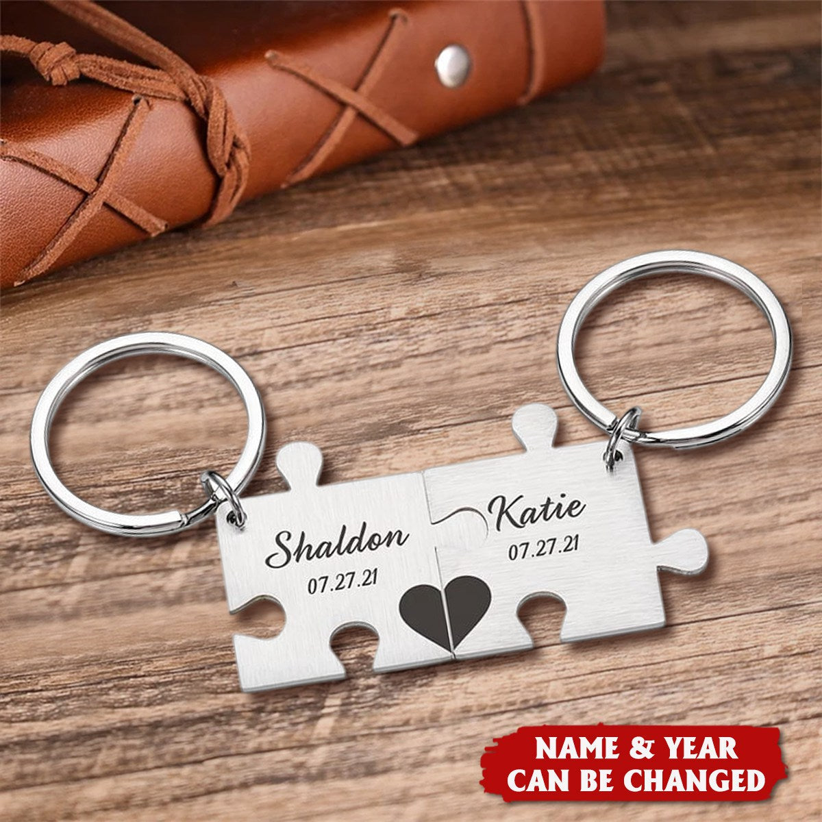 Puzzle Keychain Set Personalized 2 Names & Date Interlocking Keychain ...
