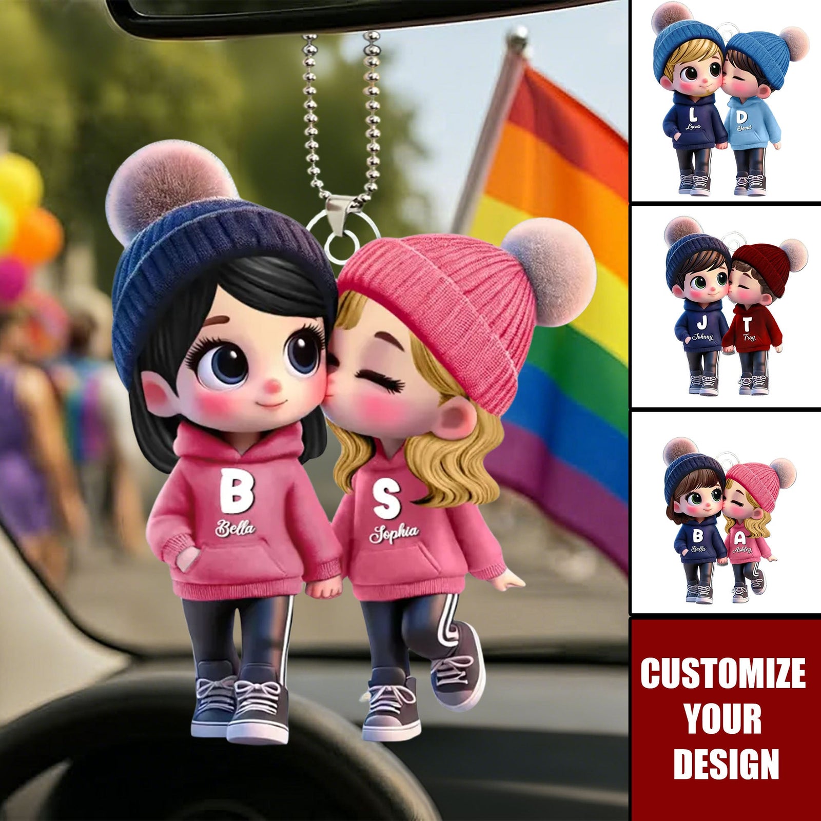 3D Effect Cute LGBTQ Cartoon Couple Summer Vibe Personalized Acrylic Car Ornament