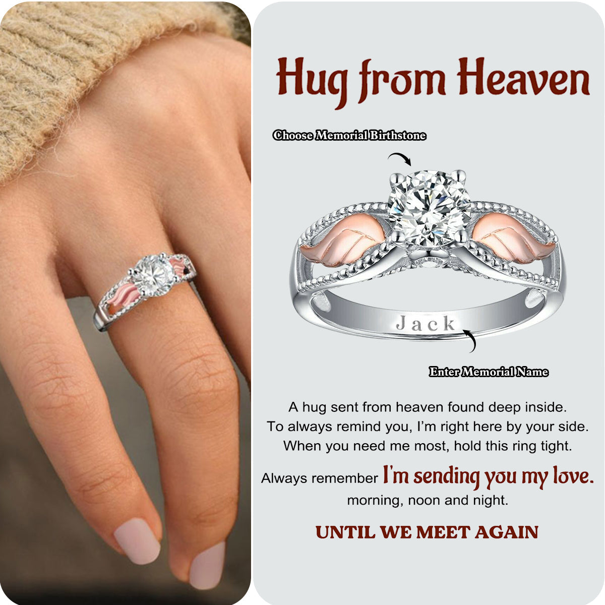 Personalized Hug From Heaven Memorial Angel Wings Ring - HAPPARY