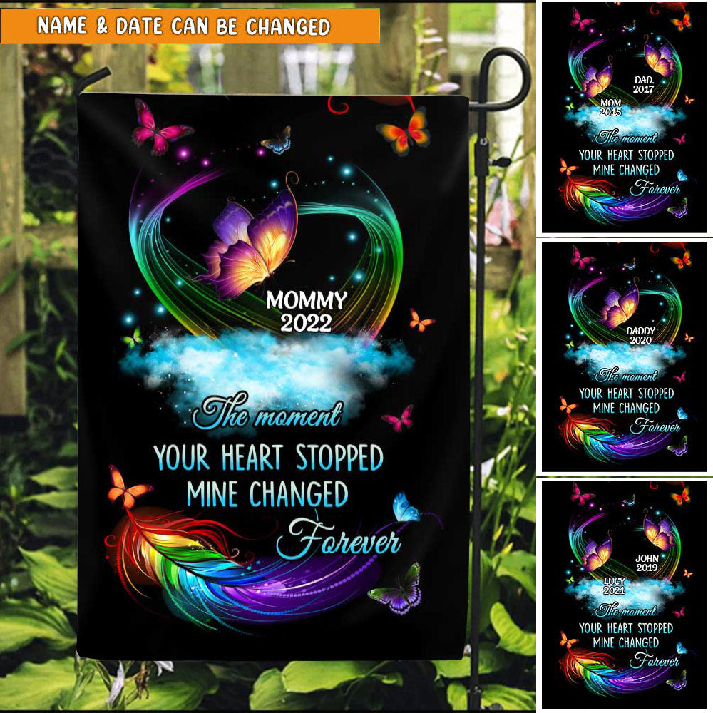 Personalized The Moment Your Heart Stopped Butterfly Feather Pattern Memorial Garden Flag