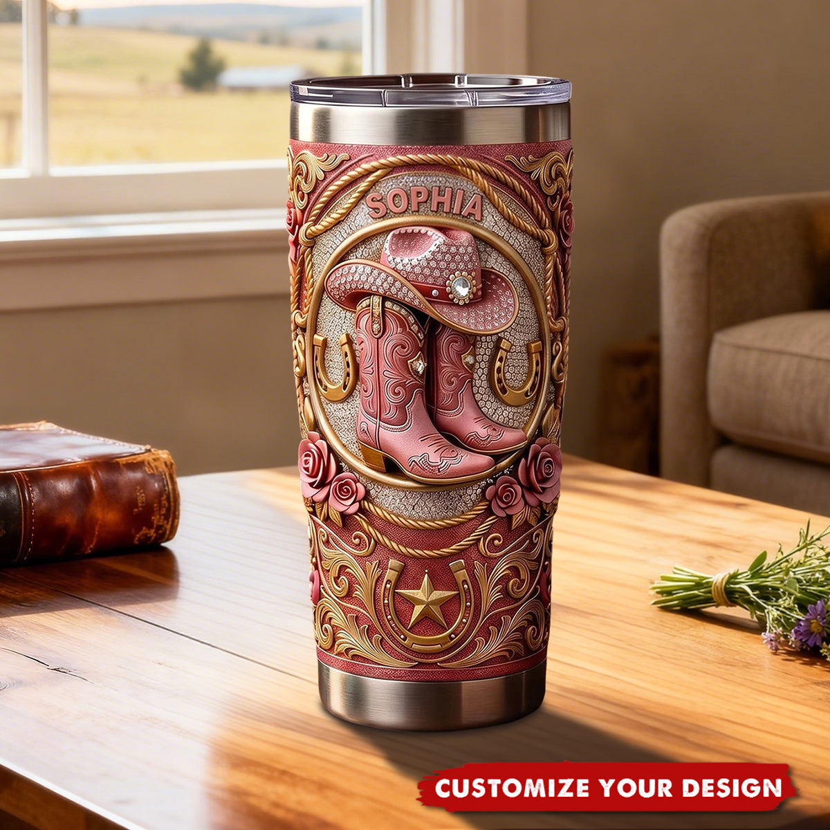 Personalized Cowgirl Tumbler, Pink Boots Cowboy Hat Tumbler