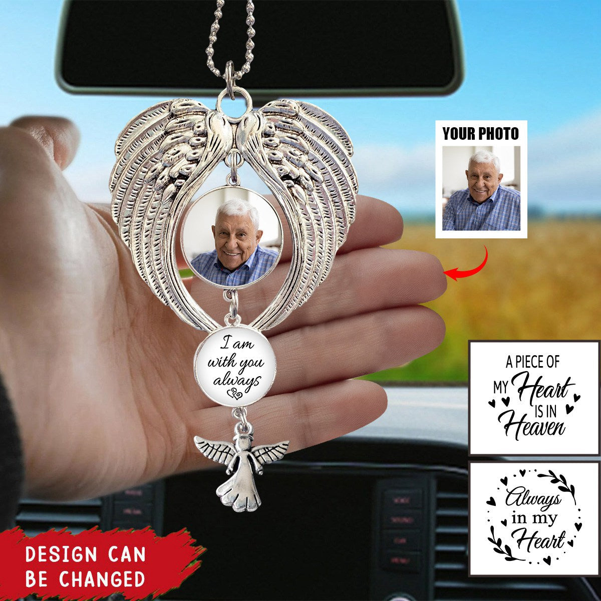 Personalized Upload Photo Memorial Charm, Ornament With Angel Wings