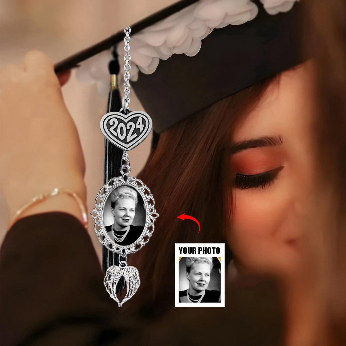 Personalized Graduation 2024 Tassel Photo Charm with Angel Wings