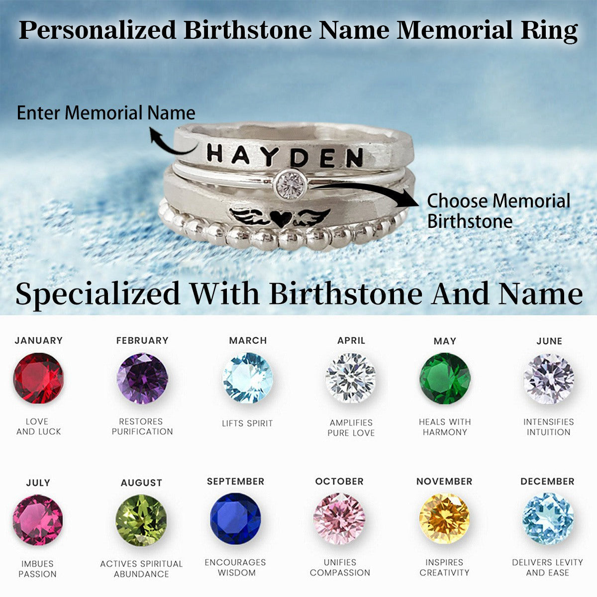 Personalized Birthstone Ring with Name - Angel Wings Memorial Gift
