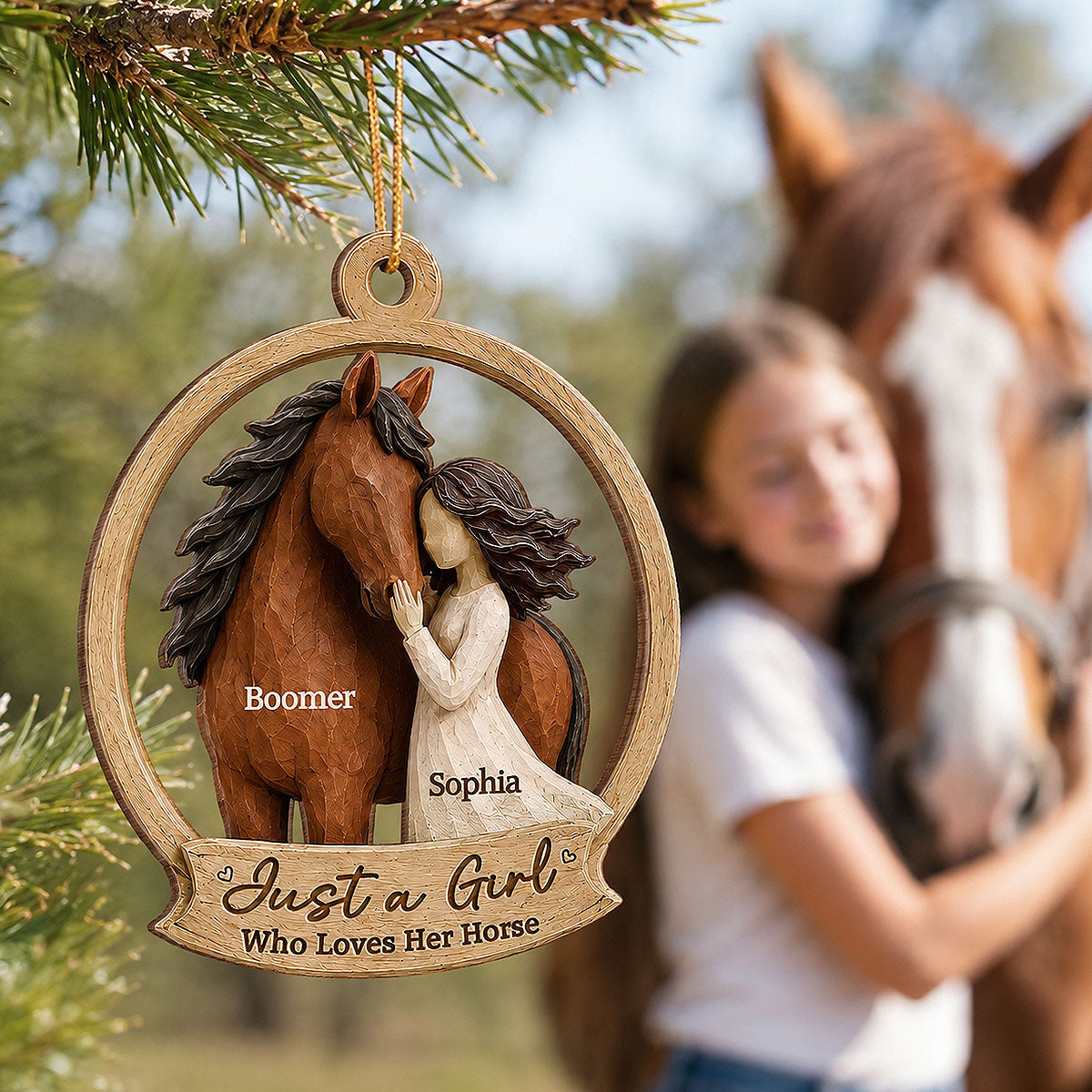 Girl Loves Horse - Personalized Wooden Ornament