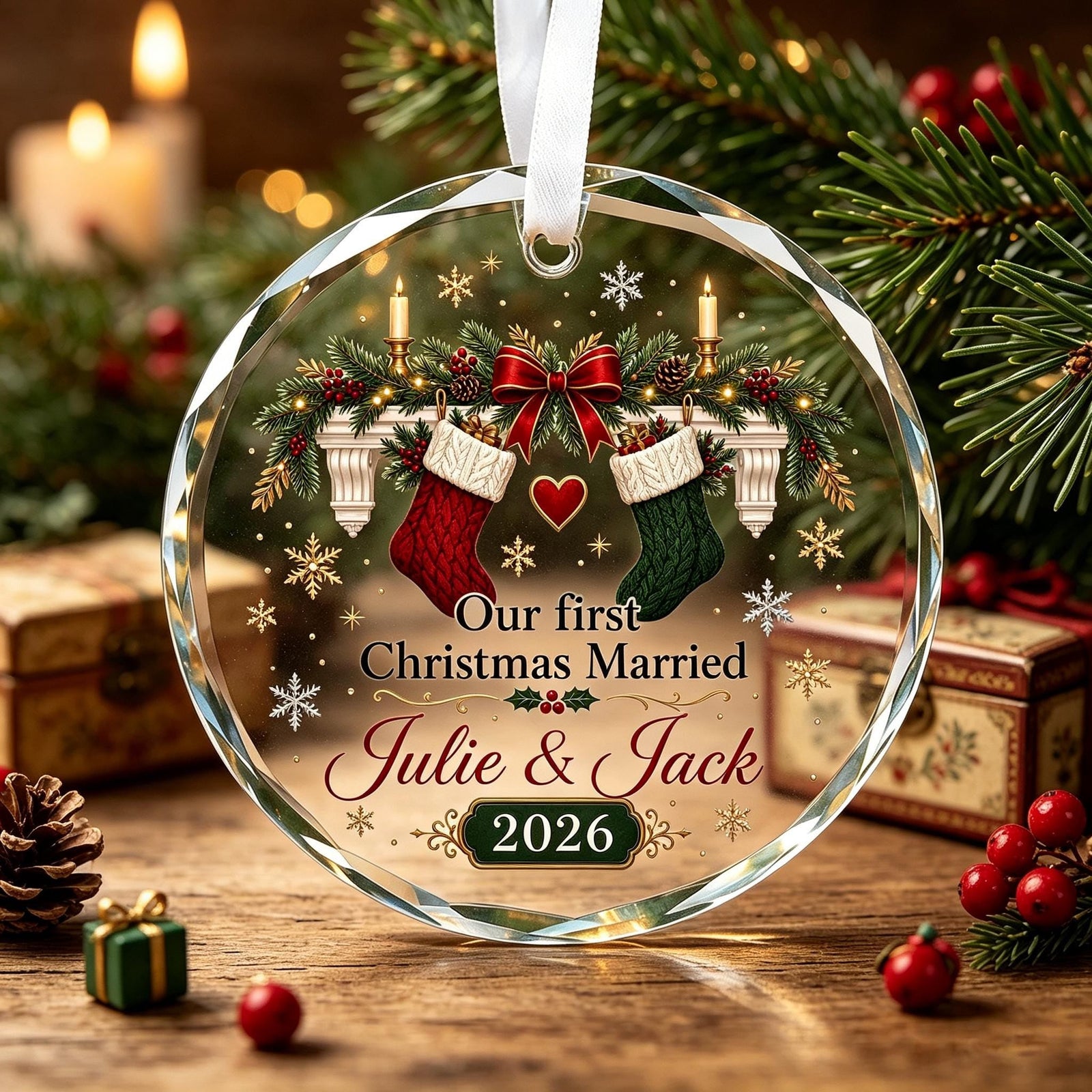 Personalized First Christmas Married Ornament, Newlywed Gift Wedding Keepsake