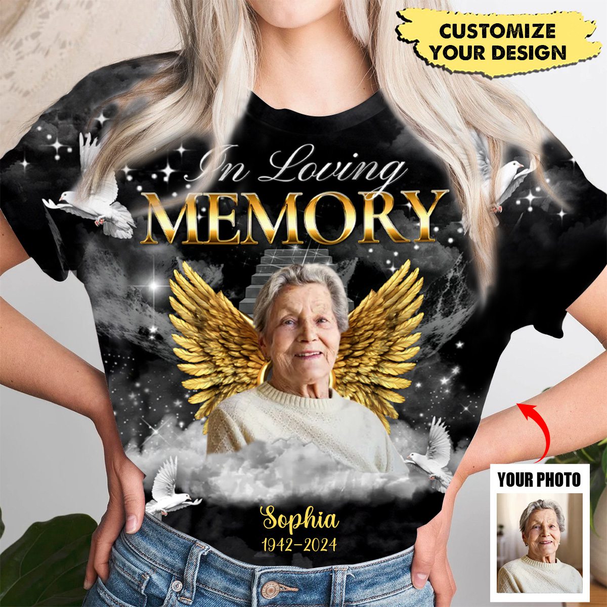 In Loving Memory Black Gold Heaven Stairway  - Personalized Memorial T-Shirt