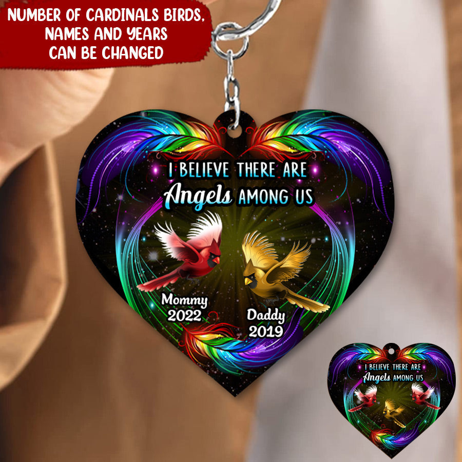 I Believe There Are Angels Among Us Cardinal Birds Feather Memorial Gift Heart Keychain