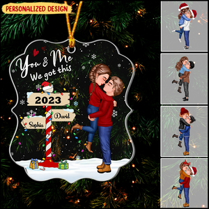 Winter Couple Hugging Kissing In The Snow Personalized Acrylic Christmas Ornament