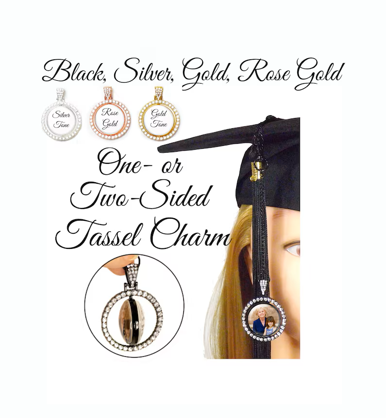 One or Two-Sided Rotating Rhinestone Graduation Memorial Photo Charm Tassel
