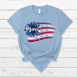 Personalized Grandma with Grandkids Sunflower American Flag T-Shirt