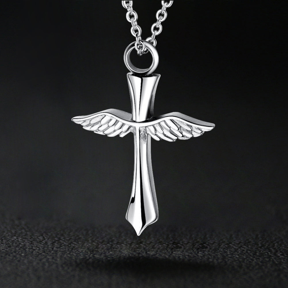 Angel Wings Cross Urn Necklace for Ashes