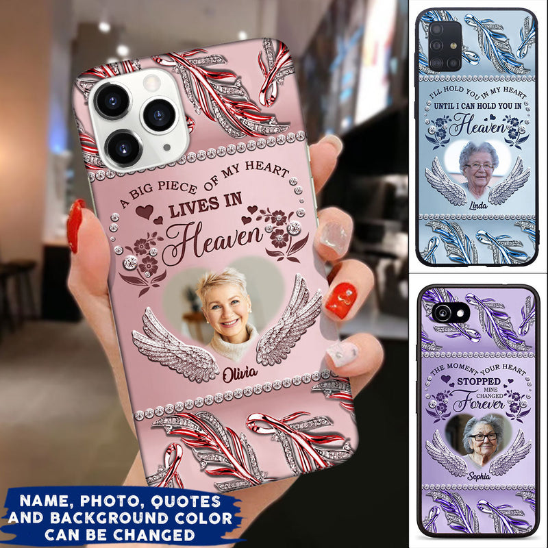 Sparkling Memorial Upload Photo Gift, A Big Piece Of My Heart Lives In Heaven Personalized Glass Phone Case