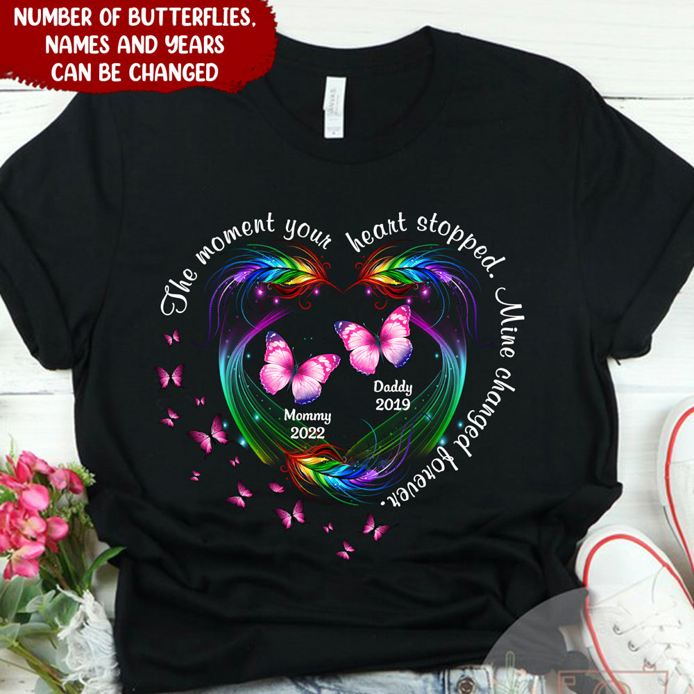 Personalized The Moment Your Heart Stopped Mine Changed Forever Butterfly Feather T-shirt