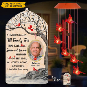 Personalized Cardinal LED Solar Wind Chime - Memorial Gift - A Limb Has Fallen