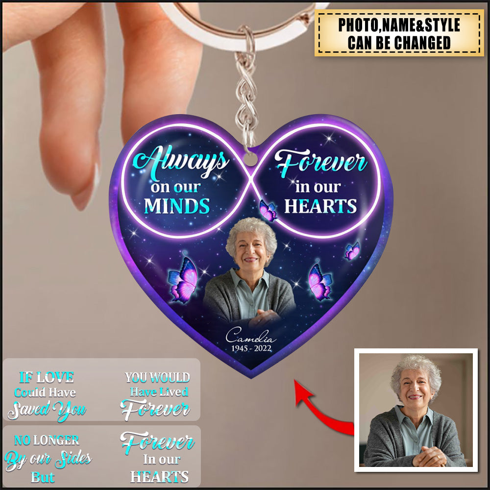 Custom Personalized Memorial Photo Heart Acrylic Keychain - Always On Our Minds Forever In Our Hearts