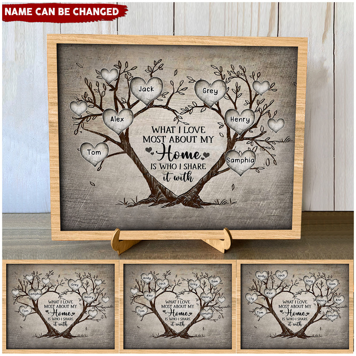 What I Love About Home Is Who I Share It With, Family Tree Personalized Wood Plaque