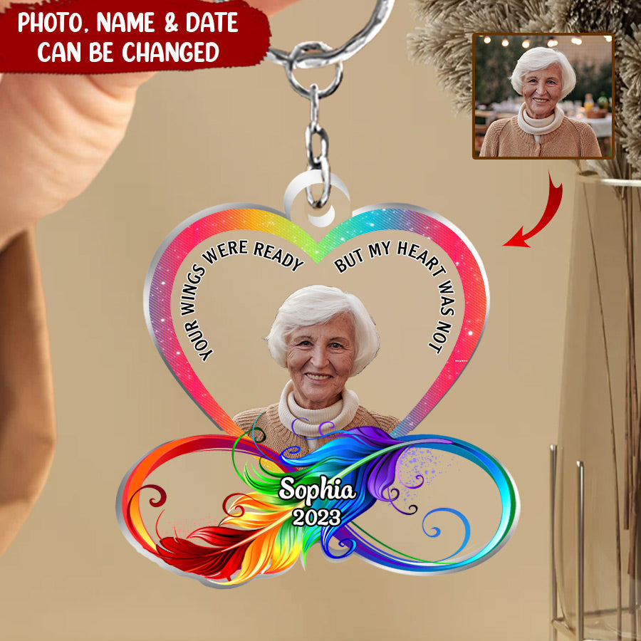 Upload Photo Family Loss Rainbow Heart Feather Infinity Memorial Gift Acrylic Keychain