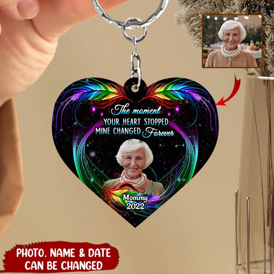 Upload Photo Family Loss Rainbow Feather Heart Memorial Gift Personalized Acrylic Keychain