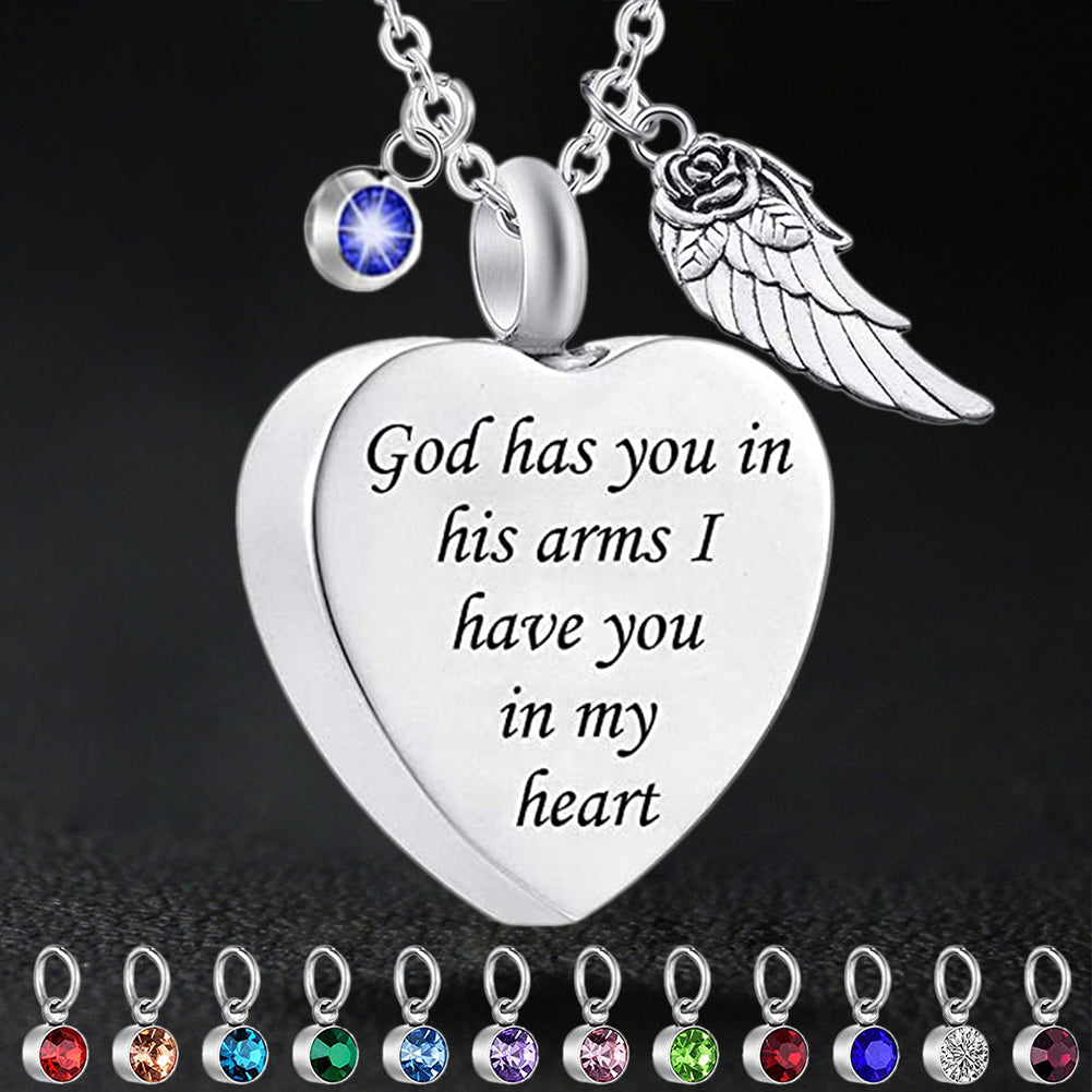 Memorial Urn Necklace with Birthstone-"God has You in his arms with Angel Wing"
