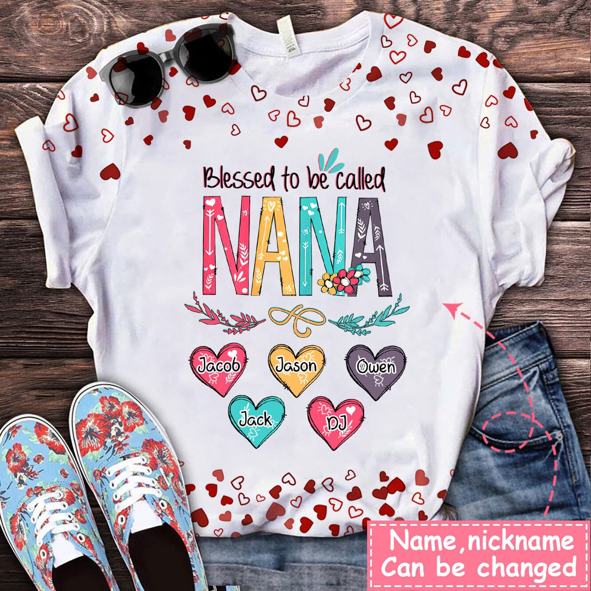 Blessed To be Called Grandma, Nana And Sweet Heart Grandkids Personalized 3D T-Shirt