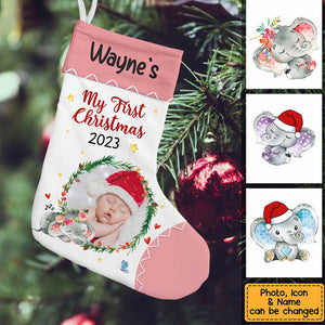 Personalized Elephant Baby First Christmas Custom Photo Stocking