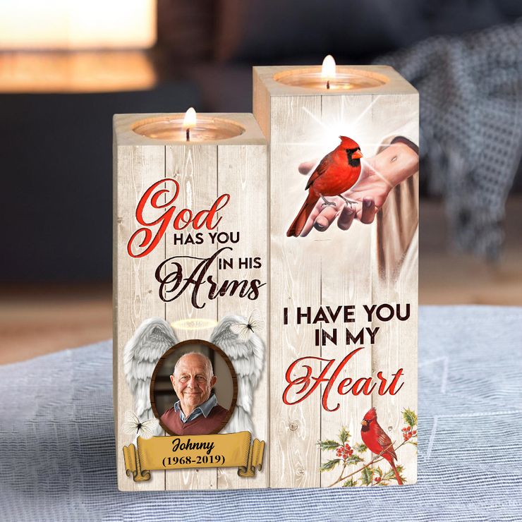 Personalized Cardinal God Has You in His Arms Candle Holder